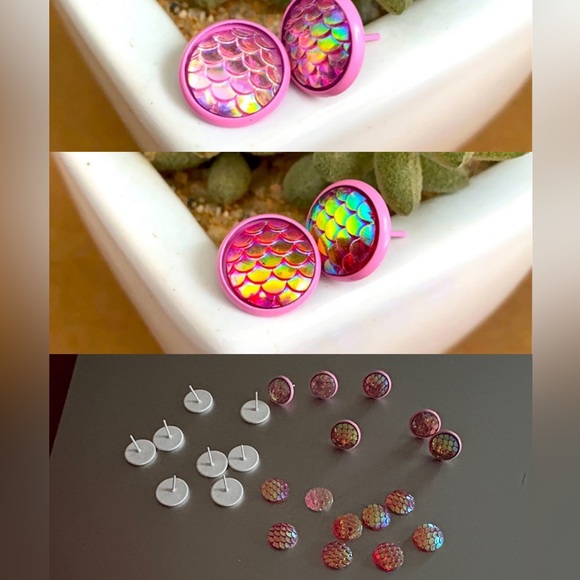Handmade Jewelry - DIY Hot Pink and Pink Mermaid Post Glass Cabochon Earrings